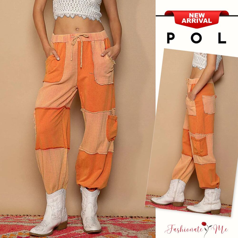 POL Adjustable Drawstring Cargo Pockets Contrast Ankle Jogger Pants | Chill Red